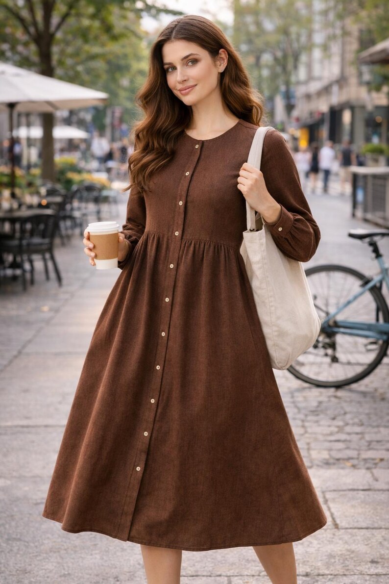 Casual button-down gathered dress sewing pattern shown on model in realistic lifestyle setting, featuring a relaxed bodice, full button placket, long sleeves, and soft gathered skirt. This beginner friendly women’s PDF sewing pattern is designed for cotton poplin, linen, and other light woven fabrics for comfortable daily wear.