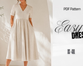 Linen Dress Sewing Pattern PDF, Easy Summer Dress Pattern, V Neck Empire Waist Dress, Short Sleeve Dress with Pockets, XS-XXXL