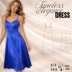 May include: A vibrant blue satin dress with a V-neckline and spaghetti straps. The dress has a flowing A-line skirt and is knee-length. The image also includes the text "Timeless Elegance DRESS" and a sewing pattern.
