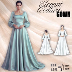 Peut inclure: Une longue robe bleu pâle avec un col carré et des manches longues. La robe présente un corsage ajusté et une jupe ample. L'image comprend le texte "Elegant Couture Gown" et des informations de taille.