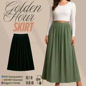 May include: An image featuring a green maxi skirt and a dark green velvet skirt. The text "Golden Hour SKIRT" is displayed at the top. The image also includes text indicating a PDF sewing pattern, instant download, and beginner-friendly design, with US and EU sizing.