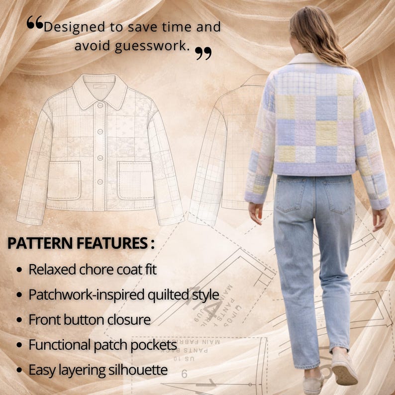 Pattern features image for quilt jacket PDF sewing pattern showing patchwork chore coat design details including front button closure, collar, patch pockets, cropped length, and relaxed fit. Styled to help buyers understand the construction and finished look of this quilted jacket pattern for woven or quilted fabrics.