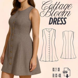 May include: A sleeveless brown dress with a button-up front and a flared skirt. The dress has a subtle plaid pattern and is shown on a model. The text "Cottage Bloom DRESS" is displayed in a cursive font. Size range: US 2-30, EU XS-4XL.
