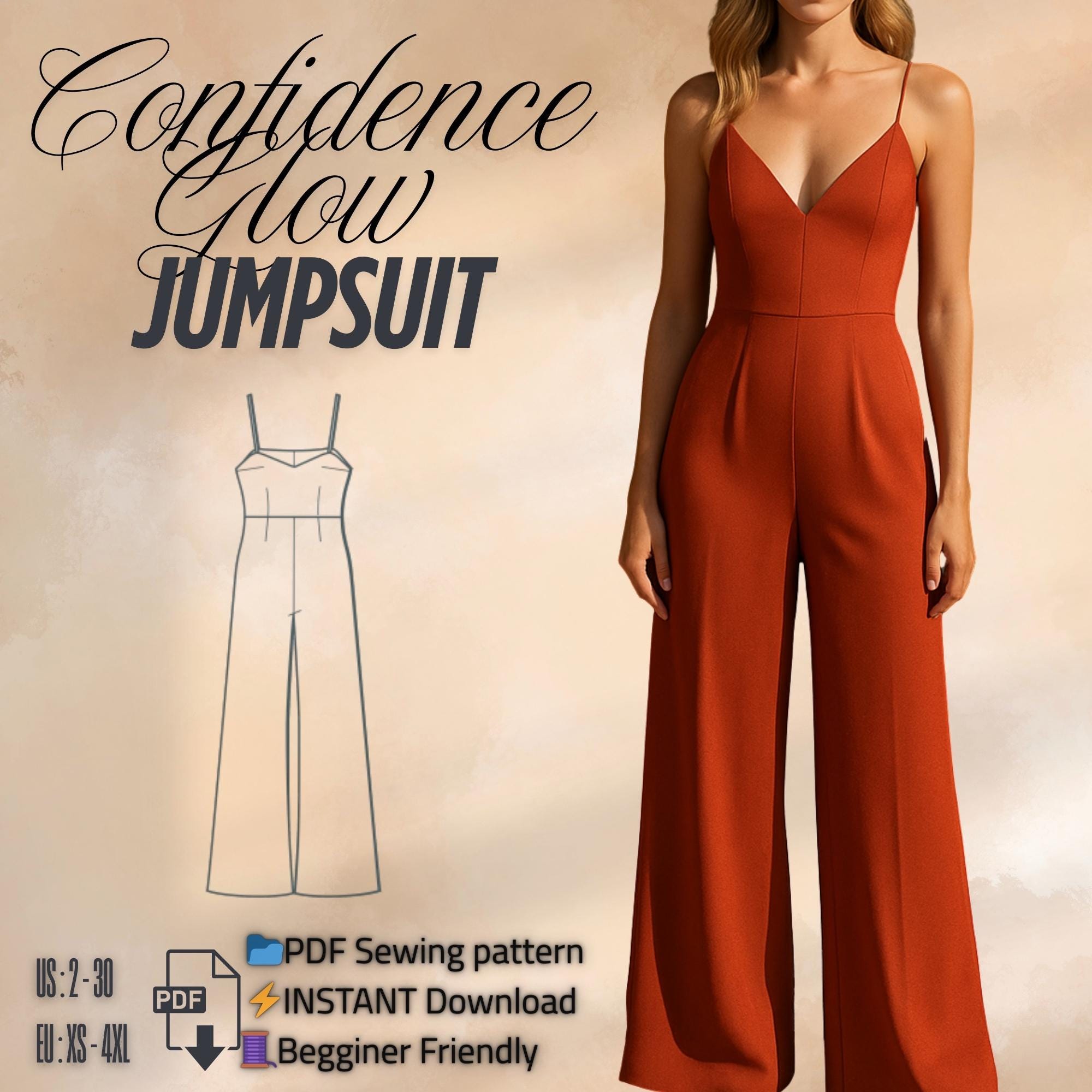 Jumpsuit Sewing Pattern PDF | Elegant Wide Leg Deep V Neck Jumpsuit ...