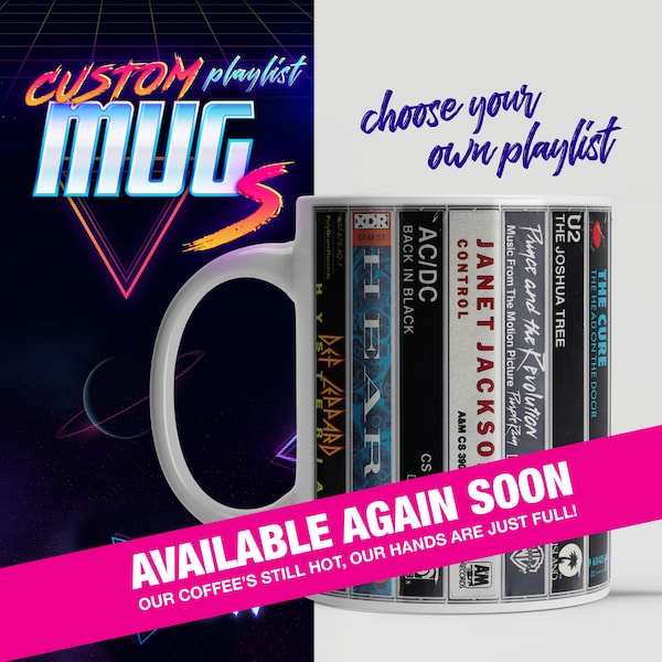Mix. Sip. Repeat. – Custom Cassette Mug - Classic Album Covers on a Retro Cassette Mug (15 cassette albums of your choice)