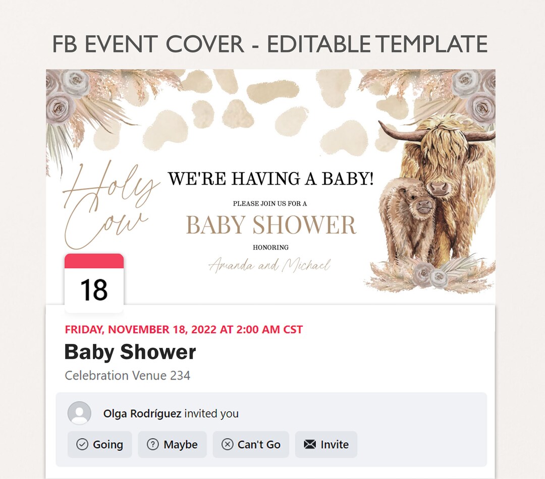 Facebook Baby Shower Event Cover Template Boho Cow Baby Etsy