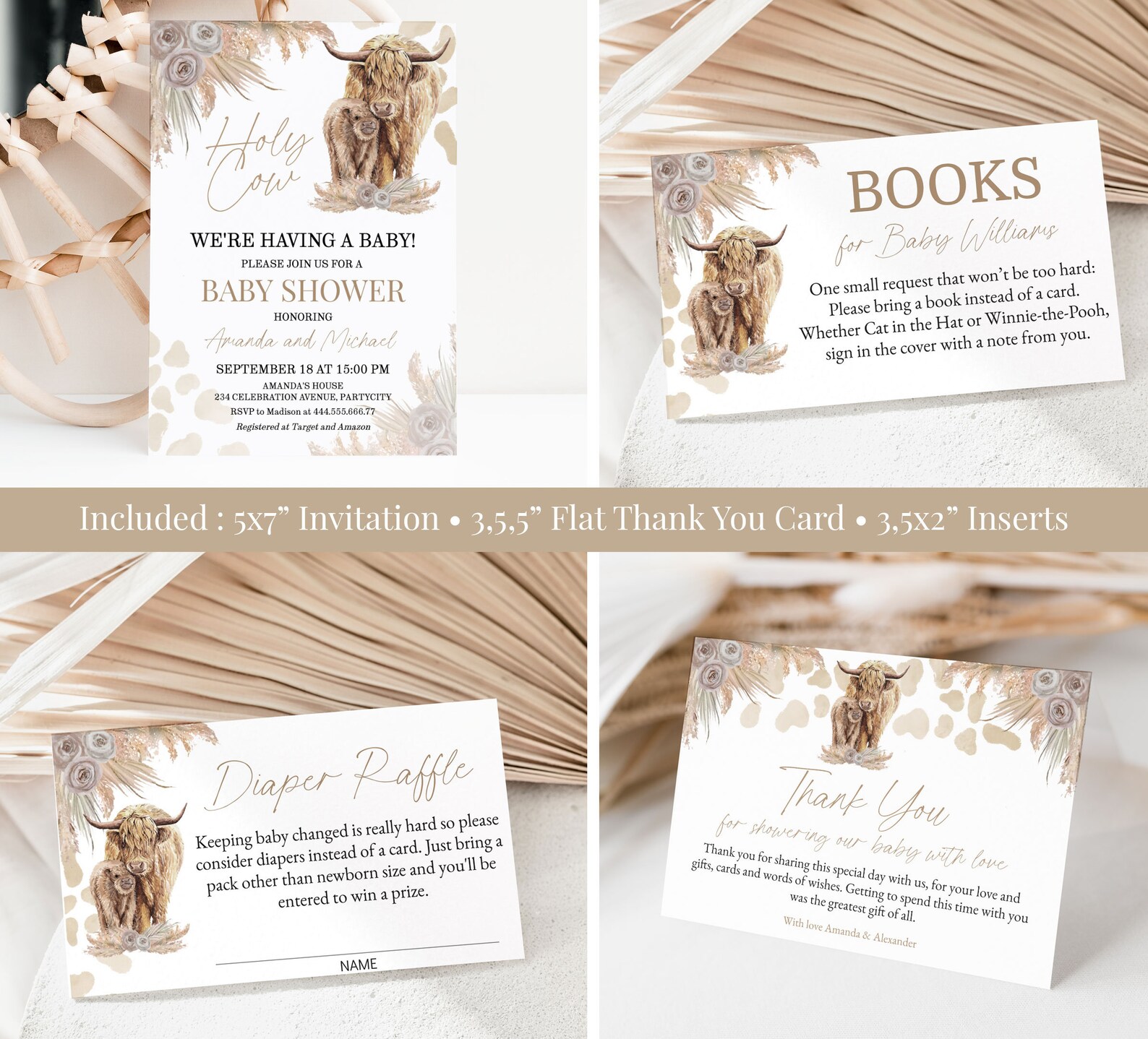 Boho Highland Cow Baby Shower Invitation Set Holy Cow Invite Etsy