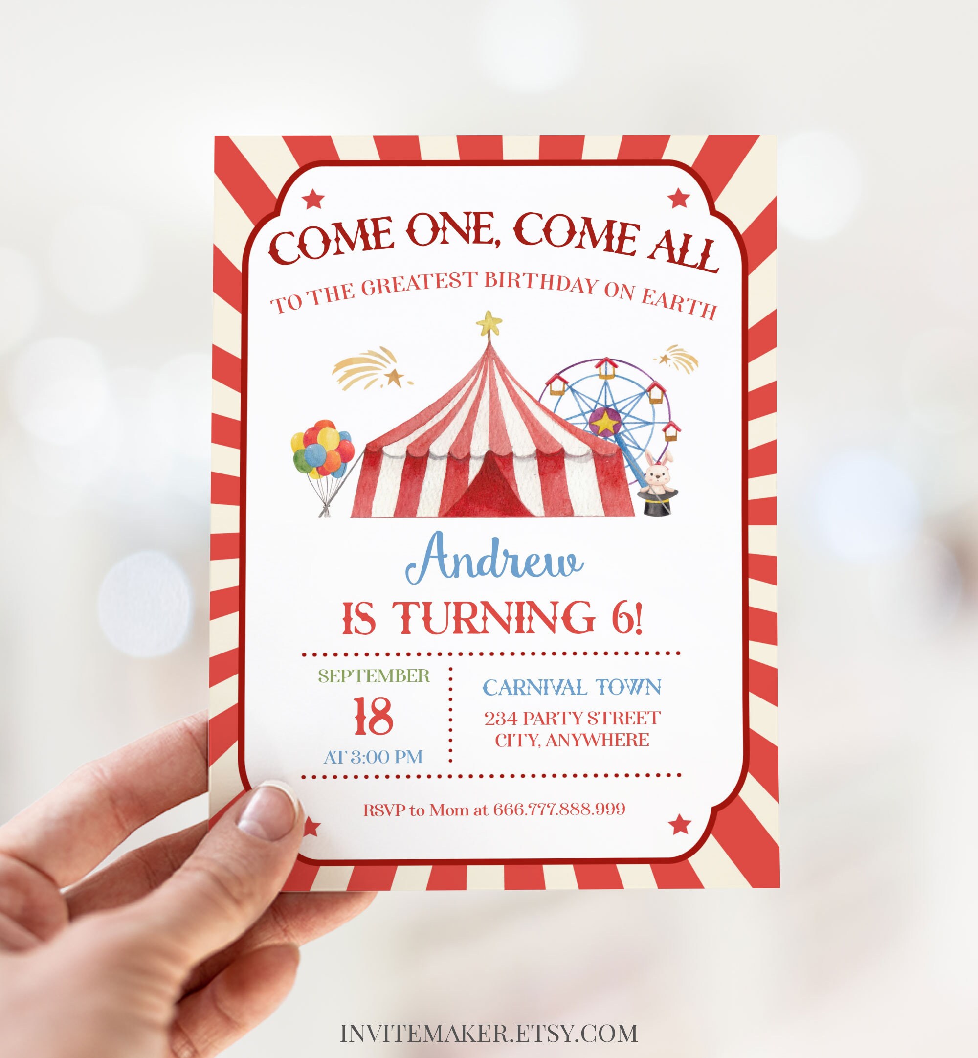 Circus Birthday Party Invitation Boy Carnival Birthday Etsy UK
