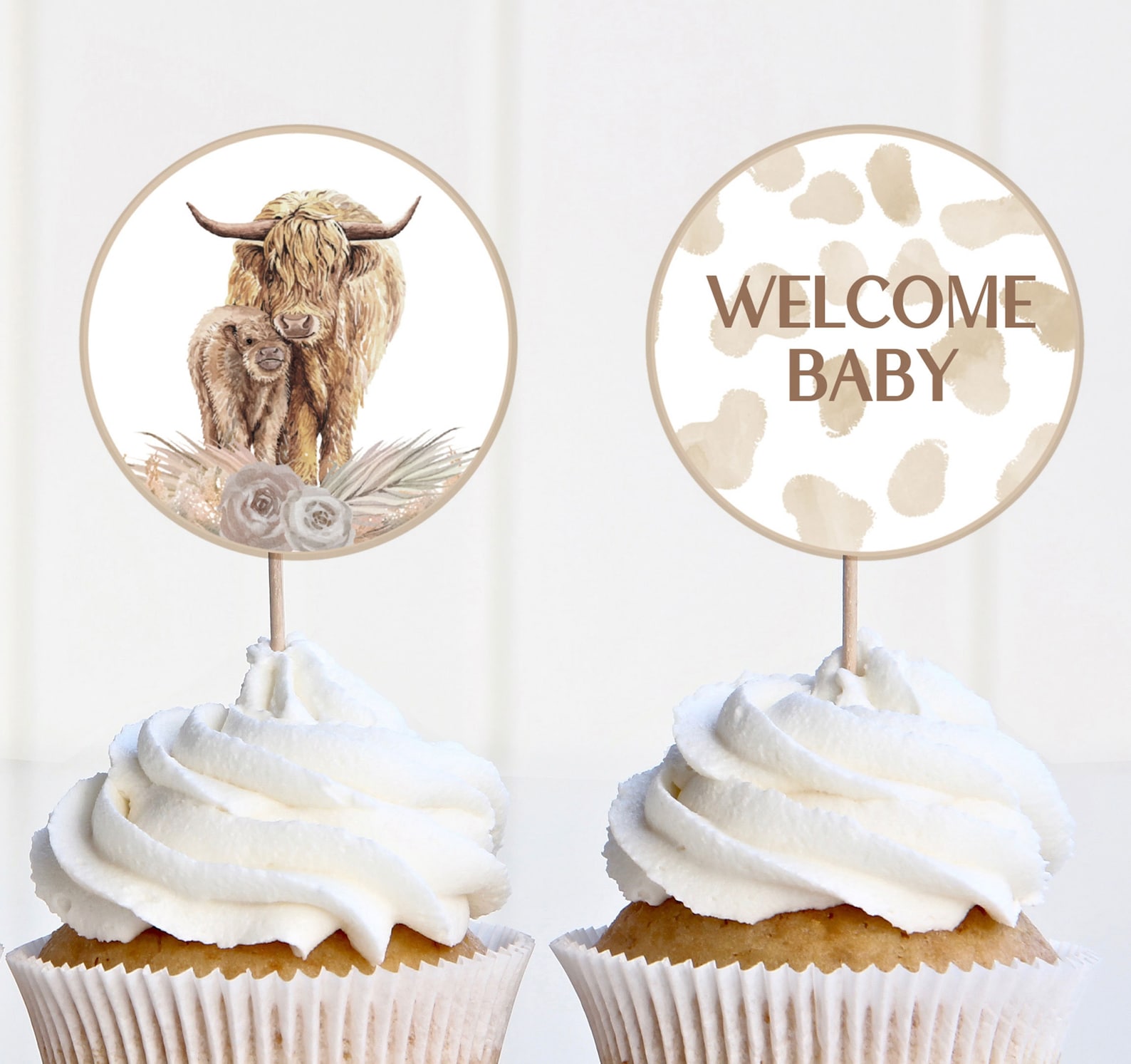 Baby Shower Cupcake Toppers Boho Cow Highland Cow Baby Etsy