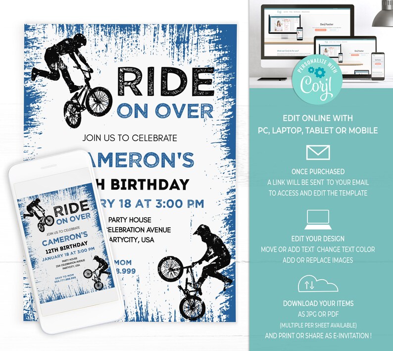 Bmx Birthday Invite Printable Biker Birthday Invitation Bike - Etsy