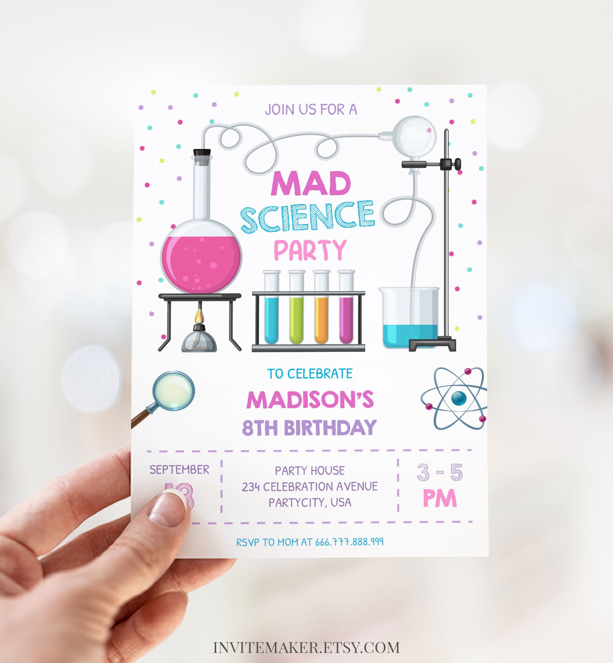 Girl Science Birthday Invitation Mad Science Party Corjl Etsy