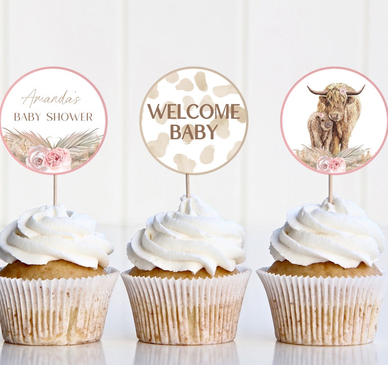 Pink Floral Highland Cow Cupcake Toppers Boho Cow Baby Etsy