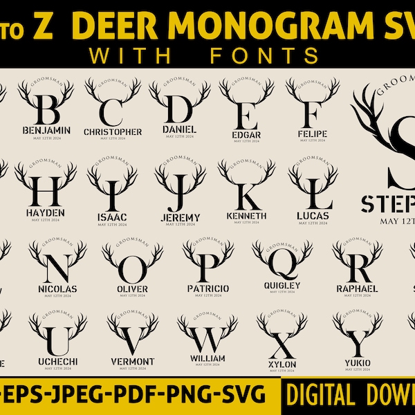 Hirsch Monogramm SVG I Hirsch Silhouette I Hirschgeweih I Trauzeuge I Monogramm Alphabet I Trauzeuge I Bundle I Hochzeit SVG I mit Schriften