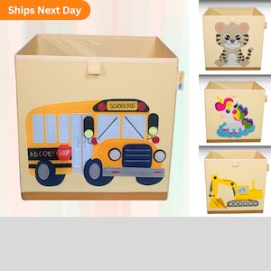 Kids Toy Storage – Foldable Washable Canvas Organizer Bin, School Bus Design for Playroom, Nursery