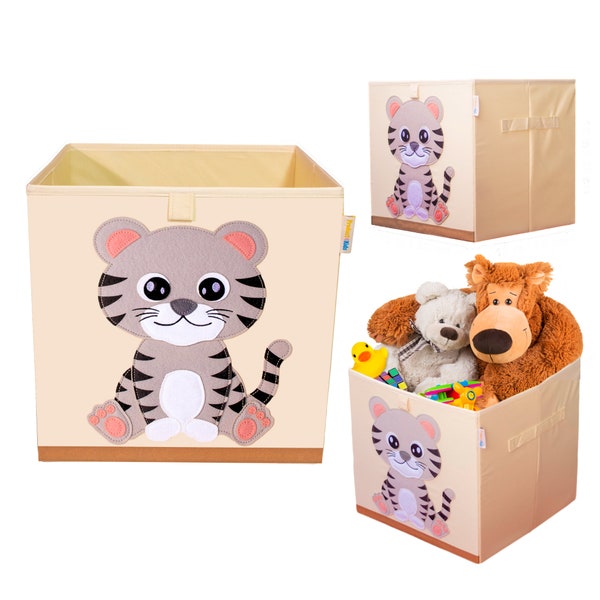 Product 4 Kids Collapsible Toy Storage Bin, Fabric Toy Box/Chest/Organizer, Safari Animal Nursery Cube, 13 Inch Storage Bin Tiger Cub