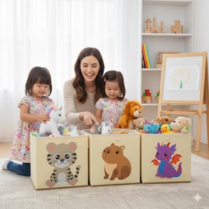 Toy Storage Bins Bundle of 3 | Tiger Capybara Dragon | Washable Collapsible Organizer Set