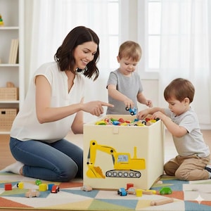 Heavy Equipment Toy Storage Bin | Collapsible Washable Organizer Choose Design | Kids Playroom
