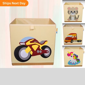 Kids Foldable Toy Storage Cube 13x13 – Washable Canvas Bin Organizer for Playroom, Nursery, motorcycle