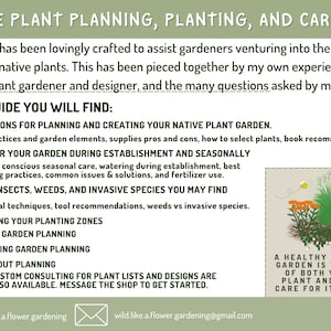 Puede incluir: Una guía verde y blanca con el título "Native Plant Planning, Planting, and Care Guide". La guía proporciona instrucciones para planificar y crear un jardín de plantas nativas, cuidar el jardín durante el establecimiento y la estacionalidad, insectos comunes, malezas y especies invasoras que puede encontrar, priorizar sus zonas de plantación, planificar el jardín de franja de tierra, planificar el jardín de aterrizaje suave, planificar la disposición básica y la consulta personalizada para listas de plantas y diseños. La guía también incluye una pequeña ilustración de un jardín de polinizadores con una abeja, flores y hierba.