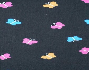 Black with cute butterflies cotton fabric 43” by 2 yards multi color butterflies 80s style