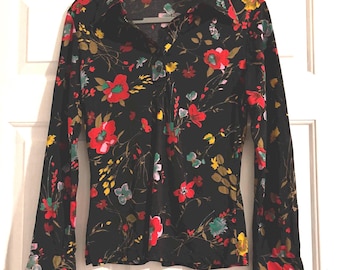 Vintage 70's Floral Nylon Blouse Pointy Butterfly Collar, Multi Color Sz Sm