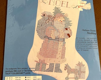 Medias navideñas de punto de cruz con pintura y puntadas de color Bucilla vintage Papá Noel antiguo con bolsa de juguetes