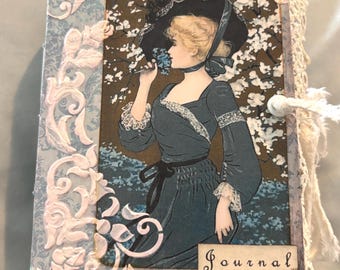 Mini Junk Journal Blue Lady White Roses Gardening Notes Lace Writing Journal  5x4.5x2