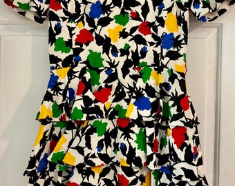 Vintage 90s Arnold Scaasi Silk Floral Tiered Party Dress Size 12