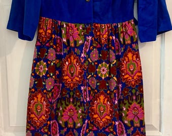 Vintage 60s/70s Terry cloth Hostess Dress Robe Cobalt Blue Orange Red Paisley Maxi