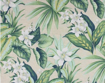 Green White Beige Tropical Gardenia Orchid Floral Outdoor Fabric Tahiti Breeze 54”wide 3 yards water stain resistant