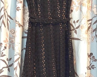 Vintage 50s/60s Black Eyelet Lined Fitted Wiggle Dress with Original Belt Pencil Skirt Wiggle Dress Pinup Rockabilly