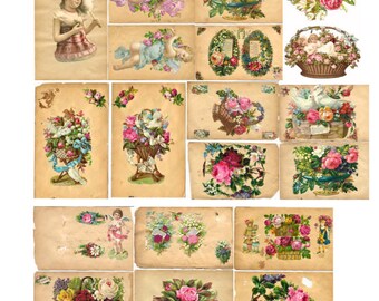 Printable Digital Victorian Antique German Floral Cherub Die Cut Images for Junk Journals Scrapbooking Paper Crafts Fussy Cut