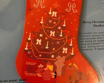 Bucilla Colorpoint Paint &  Stitching Cross Stitch Christmas Stocking Merry Christmas Tree and Presents