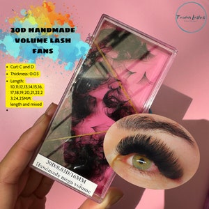 May include: A clear plastic box filled with black 3D volume lash fans. The box is labeled "30D/0.03D/16MM Handmade mega volume".