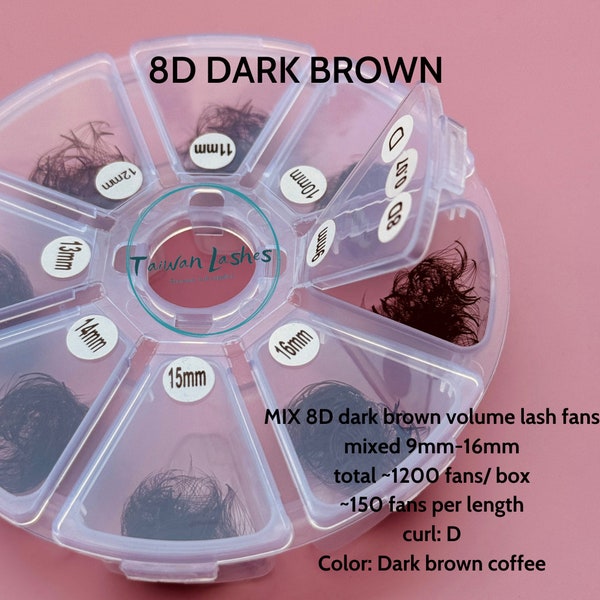 DARK BROWN COLOR Lashes 8D, 0.07, mixed 9-16mm lengths, ~1200 Pre-made Volume Fans, premade fans lash extensions