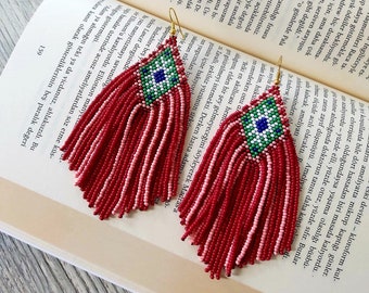 Red beaded fringe earrings, seed bead earrings dangle boho earrings native beaded earrings chandelier earrings colorful beaded earrings
