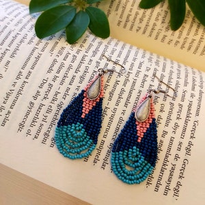 Blue drop beaded fringe earrings seed bead earrings dangle boho earrings chandelier earrings native beaded earrings short earrings colorful