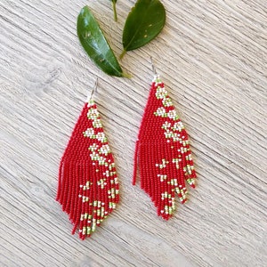 Red Floral Beaded Fringe Earrings Seed Bead Earrings Dangle - Etsy