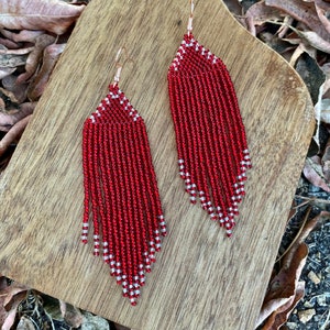 Red christmas beaded earrings Native earrings Boho earrings Fringe earrings Small earrings earrings Gifts for her Drop earrings