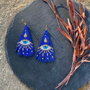 Blue evil eye beaded fringe earrings seed bead earrings dangle boho earrings chandelier earrings native bead earrings evening earrings image 1