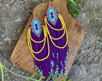 Extra long violet beaded fringe earrings, seed bead earrings dangle boho earrings native beaded earrings chandelier earrings