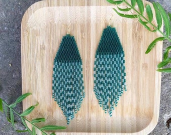 Emerald green beaded earrings Fringe earrings Long earrings Seed bead earring green chandelier earring Beadwork earring