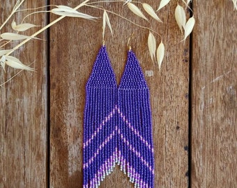 Violet purple Beaded Earrings/Fringe earrings/tassel/beadwork/casual/tribal/matte/mismatched abstract nude/ethnic style/nature colors