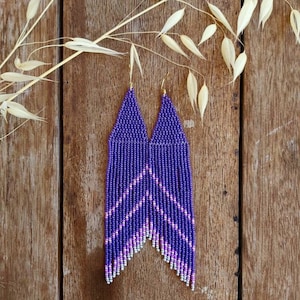 Purple beaded earrings Native earrings Boho earrings Fringe earrings Long earrings Lilac earrings Gifts for her Cute earrings Drop earrings
