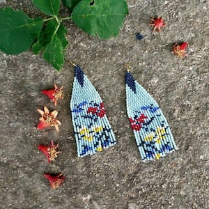 Tiny Flowered Beaded Boho Earrings, Huichol Earrings, Boho Green Floral Earrings, Indigenous Made, Traditional Beadwork