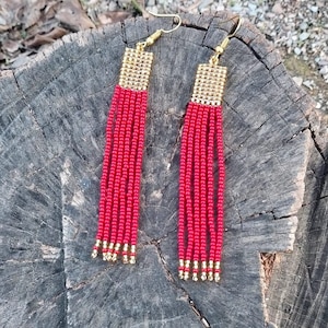 Red gold beaded fringe earrings, seed bead earrings dangle boho earrings native beaded earrings chandelier earrings colorful earrings