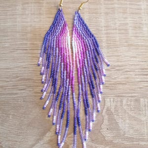 purple shades long beaded fringe earrings seed bead earrings dangle boho earrings chandelier earrings native bead earrings colorful earrings