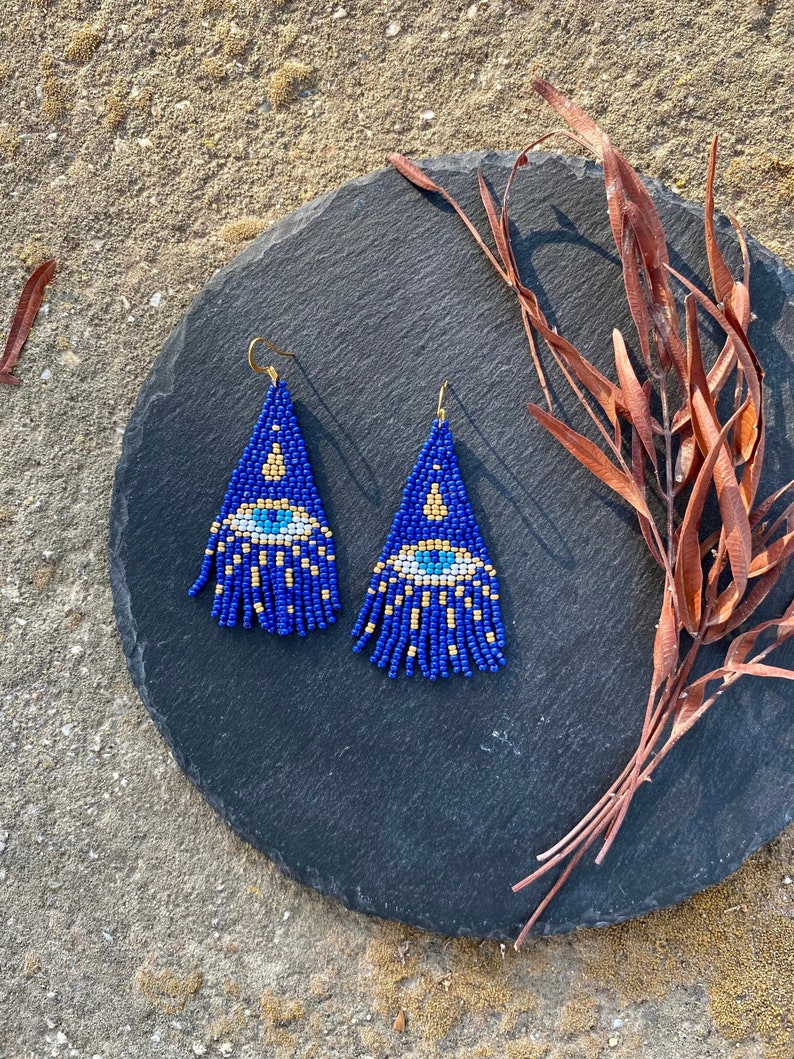 Blue evil eye beaded fringe earrings seed bead earrings dangle boho earrings chandelier earrings native bead earrings evening earrings image 1
