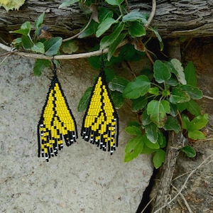 Yellow butterfly wing beaded fringe earrings seed bead earrings dangle boho earrings chandelier earrings native beaded earrings
