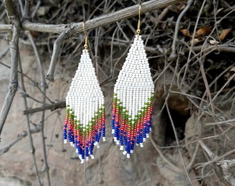 White ombre beaded fringe earrings seed bead earrings dangle boho earrings chandelier earrings native bead earrings colorful earrings